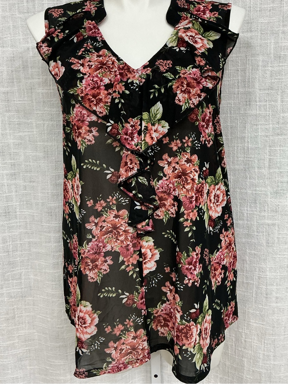 Siren Lily Black Camisole with Pink Floral Ruffle V-Neck